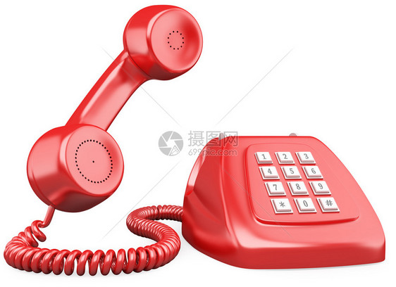 3D红色老式电话在带有漫反射阴影的白色背景上以图片
