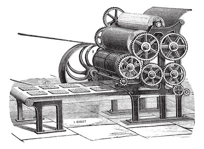 旧的饼干Hardtack制造机器在白色背景上被隔离的老雕刻插图图片