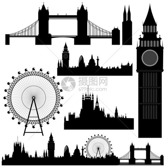 伦敦各个地标的矢量图解图片
