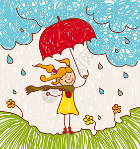 插图与一个拿着红伞的小女孩去图片