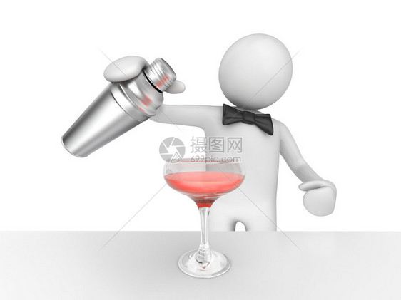 酒保为你倒粉红鸡尾酒3D在白色背景字符系图片