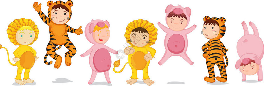 狮子老虎和猪装扮的插图图片