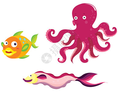 两条鱼和一条章鱼的插图背景图片