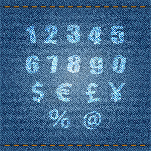 蓝色牛仔裤背景的数字和符号矢量e图片