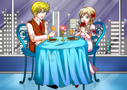 一对情侣共进浪漫晚餐的卡通插图图片