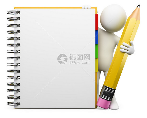 3d有空白的螺旋记事本和铅笔的白人图像孤图片
