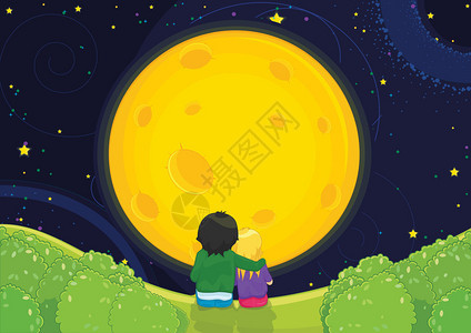 孩子们坐在月光下矢量图图片