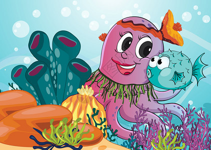 深海中的章鱼和蓝鱼的插图图片