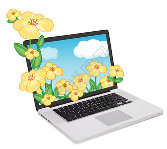 白色背景上的笔记本电脑和花朵的插图图片