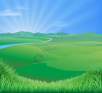 以滚动的绿草山和上升起的太阳为例图片