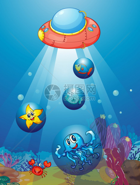 深海中的潜艇和鱼类的插图图片