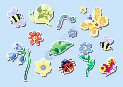 花卉和昆虫的集合矢量图图片