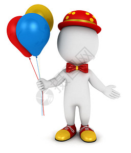 3D白色小丑有气球孤立的白色背图片