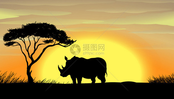站在树下的犀牛插图图片