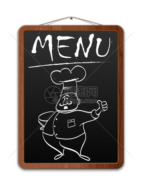 黑板上有菜单题字和概述的厨师向量图片
