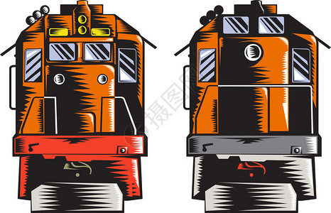 说明从前面和后面看的柴油列车是在孤立的白色背景上以复式木图片