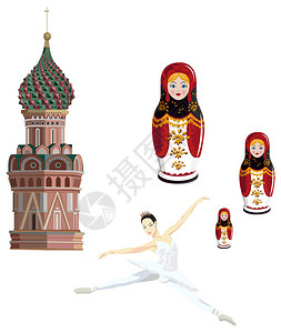 说明克里姆林宫塔芭蕾舞女郎和俄罗斯洋娃在白色图片