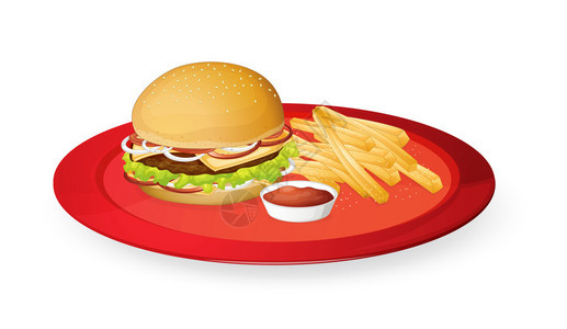 红盘中的指片和汉堡的插图图片