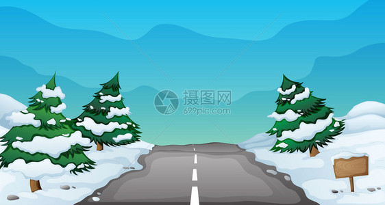 雪景和道路的插图图片