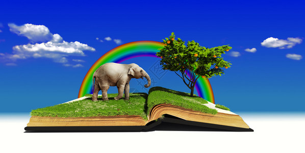 梦想.用大象在草地上打开的书插画