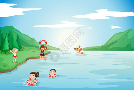 孩子们在大自然的水中游泳的插图图片