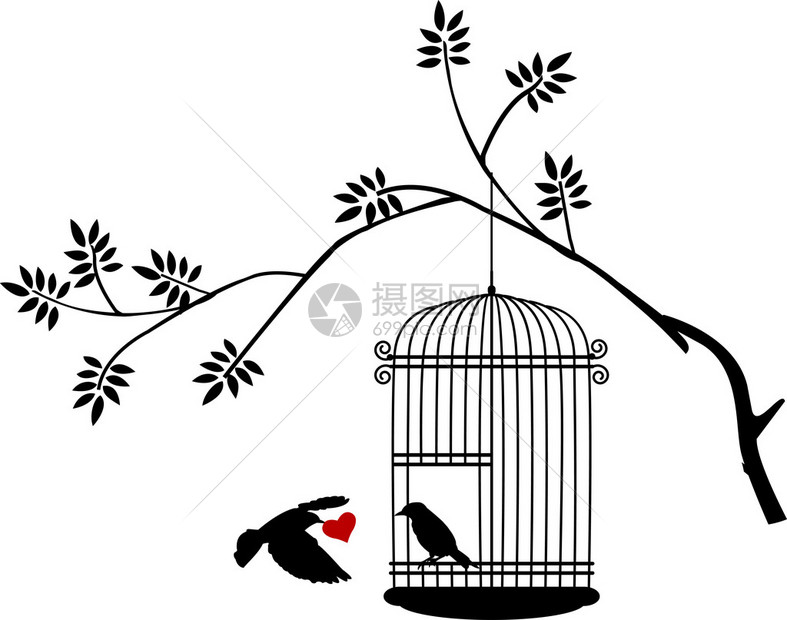 矢量插图飞鸟对笼中鸟的爱图片
