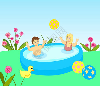 两个孩子在一个小游泳图片