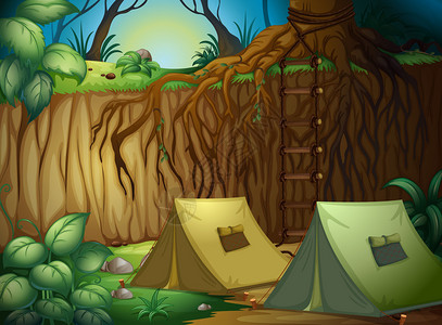 在美丽的森林中露营的插图图片