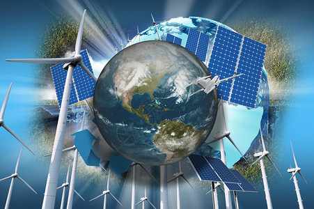 全球生态插图蓝色背景上的行星地球风力涡轮机太阳能电池板一些草和飞机替代能图片