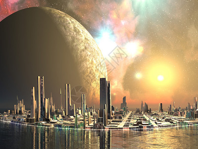 在外星世界的宁静海中建造的完美未来的城市环绕着一个巨大的月亮在太阳和恒星图片