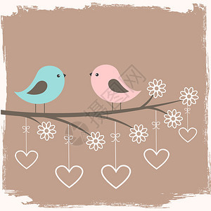 一对可爱的小鸟复古风格的情人节卡片图片