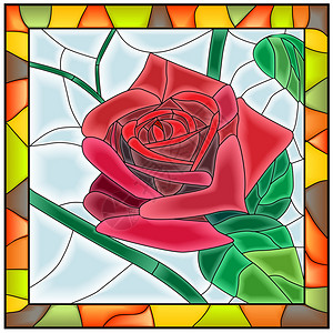 带框架的彩色玻璃窗中花红玫瑰的矢量图解图片