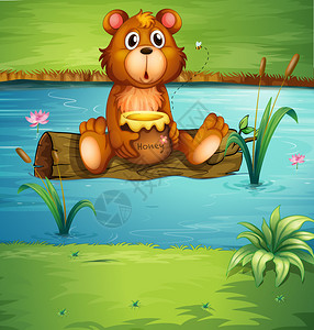一只熊坐在河里干木头上的插图图片