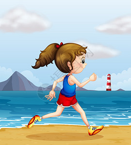 一个女孩在沙滩上慢跑的插图图片