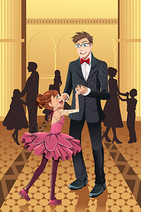 一位父亲与女儿在舞厅跳舞的矢量图片