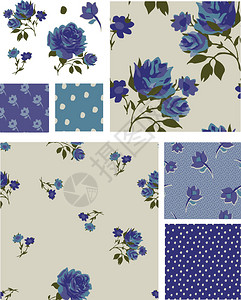 漂亮的蓝玫瑰花纹无缝模式和图标用作填充数字纸或打印到织物上以创图片