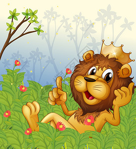 在森林里头戴王冠的狮子的插图图片