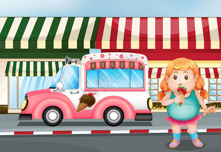 一个胖女孩吃冰淇淋的插图图片