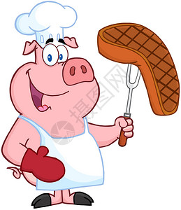 猪厨师拿着叉子和烤牛排图片