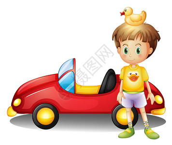 说明一名男孩带橡皮鸭和一辆大玩具车在白图片