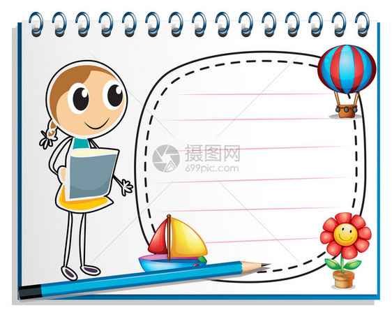 在白背景封面页显示一本笔记本和一位年轻女孩的草图图片