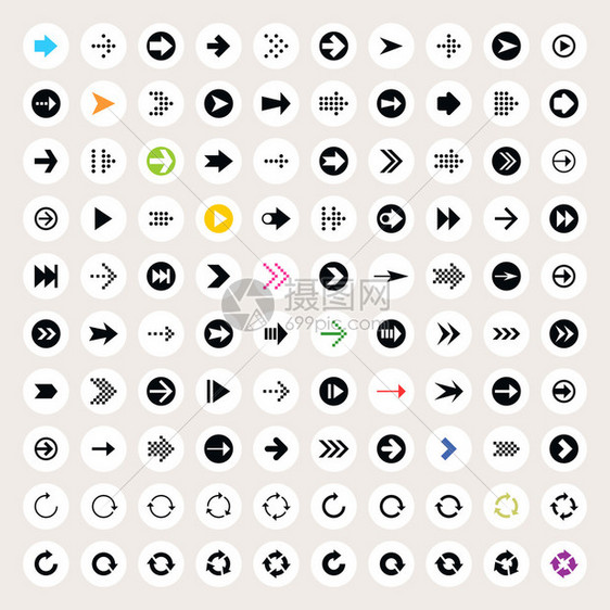 100箭头标志图标集白色圆圈形状上的黑色象形图现代简约扁平实心单色素图片