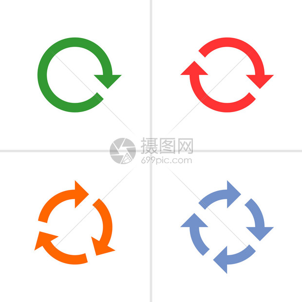 4个箭形象图刷新重装入旋转环状符号集白色背景上的简单图标单固平图片