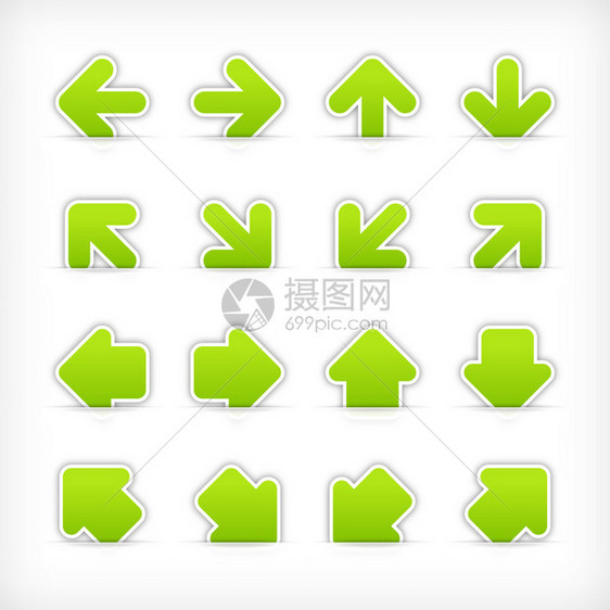 剪纸口袋上的绿色标志箭头贴纸Web按钮空白缎面圆圈和圆形方图片
