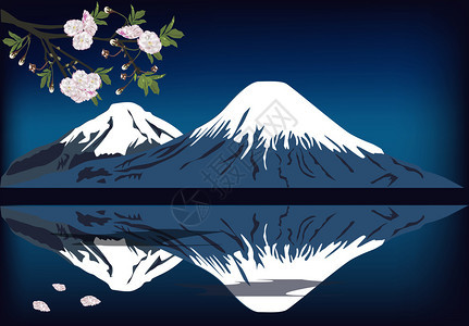 插图与樱桃树花和山图片