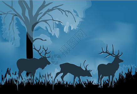 插图与蓝色森林中的鹿剪影图片