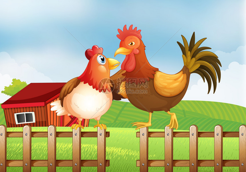 说明有只母鸡和一只公鸡在围栏上方图片