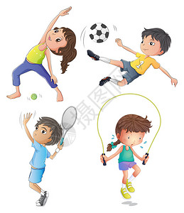 两个年轻女孩锻炼和两个年轻男孩在白色背景图片
