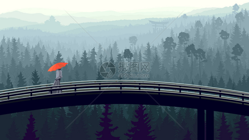 大桥上带红色雨伞的人矢量全景在清晨雾中和松树一道穿过荒图片