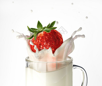 草莓掉进一杯满是奶水的玻璃杯里在白图片